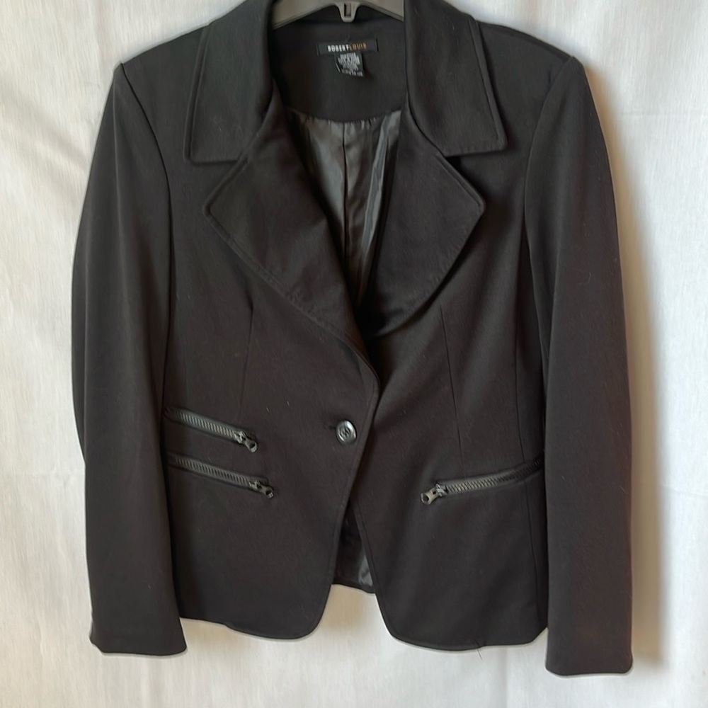 Robert Louis Black Blazer Jacket Zip Detail Career Office Stretch Medium